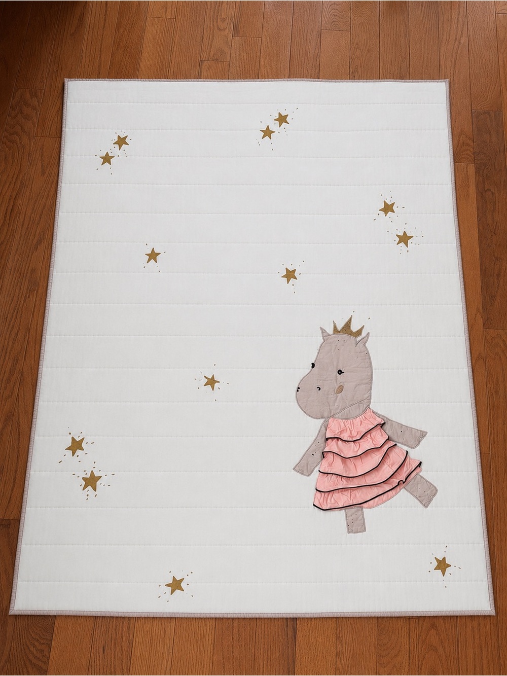 Land of Nod Royal Hippo Baby Quilt Blanket Princess Crown Pink Gold Stars 49x39